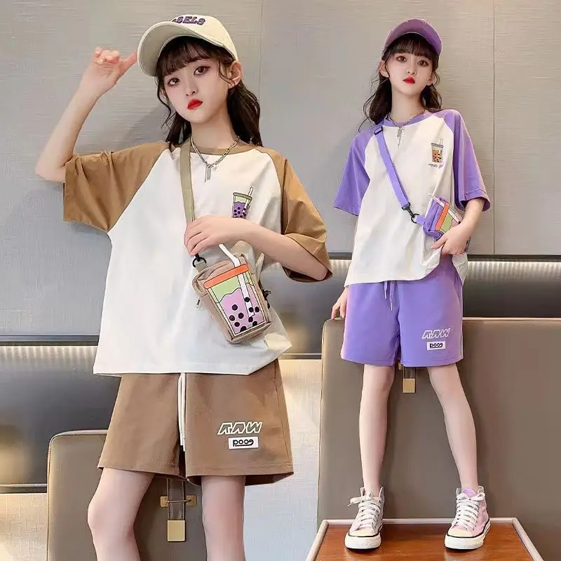 Children's Sets Girls  2024 Summer New Two-piece Suit Versatile Trendy Short-sleeved Top + Shorts Loose Simple Loungewear