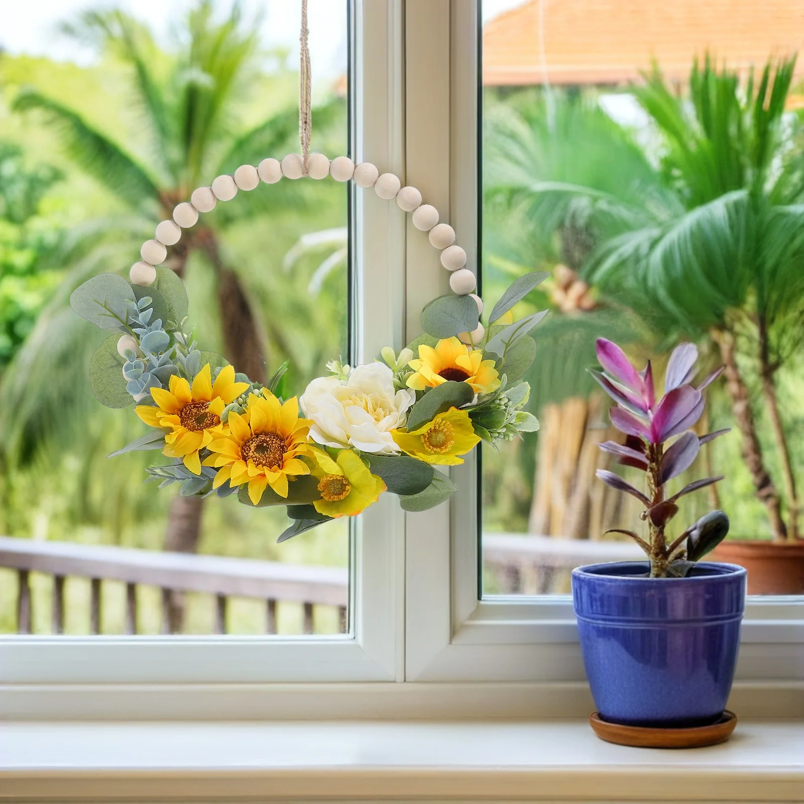 

Sunflower Wreath Artificial Floral Garland Wood Beads Leaves Farmhouse Door Decor Spring Summer Wedding Party Outdoor