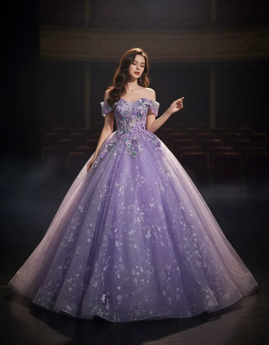 Lavender Off-the-shoulder 3D Floral Star Glitter Ball Gown Quinceanera Dress Wedding Formal Evening Gown with Free Petticoat