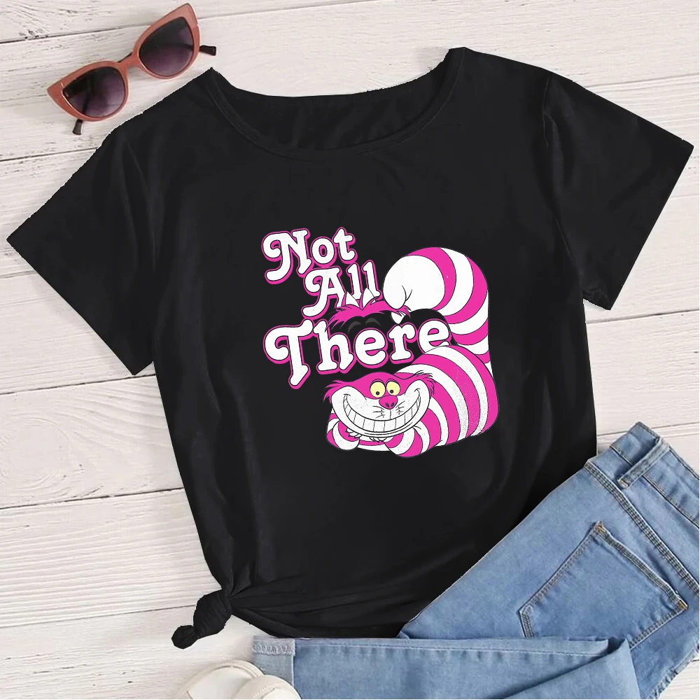 Streetwear Y2k Tops Disney Cheshire Cat We\'re All Mad Here Print Black T-shirt Women Short Sleeve Summer Fashion Harajuku Style