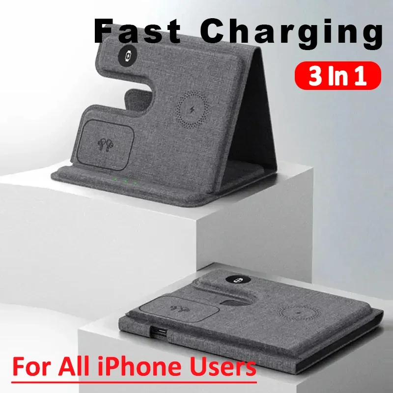

Fabric 3 in 1 Wireless Charger Stand Travel Dock Holder for iPhone 16 15 14 13 12 11 X 8 iWatc Fast Charging Station