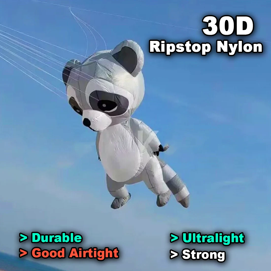 9KM 4m Raccoon Kite  Line Laundry Pendant Soft Inflatable Show Kite for Kite Festival 30D Ripstop Nylon Fabric with Bag