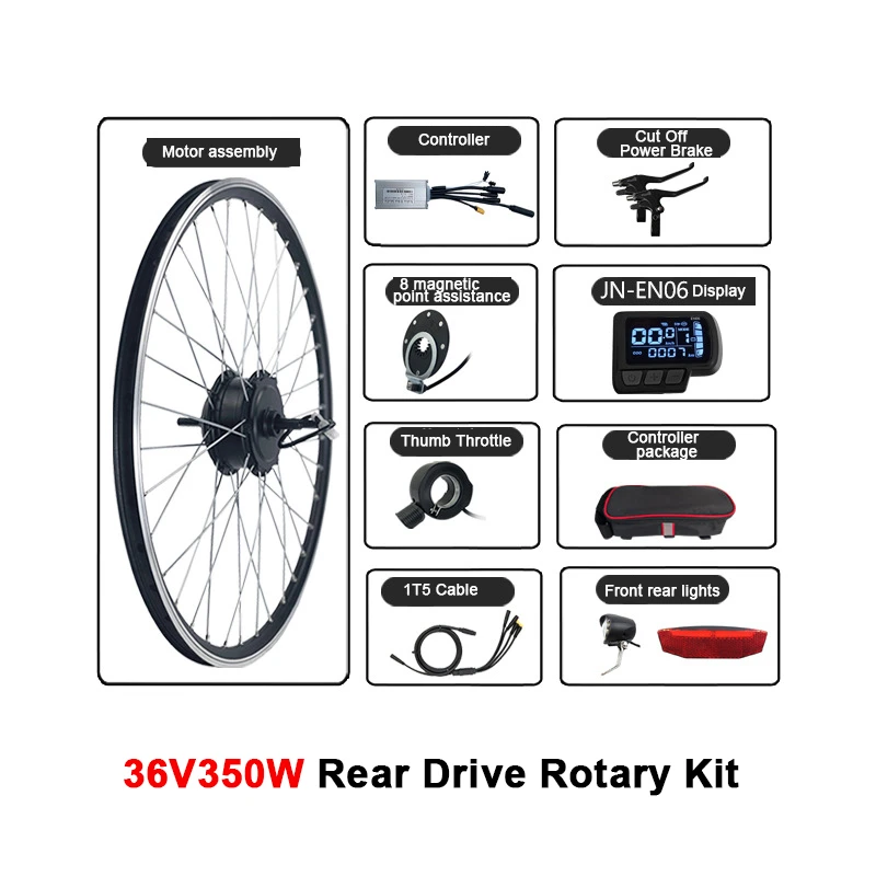 Mountain bike Conversion Kit,36V350W Rear Drive Rotary Motor Three Mode 17A Controller,JN-EN06 Display,Front Rear Lights,1T5