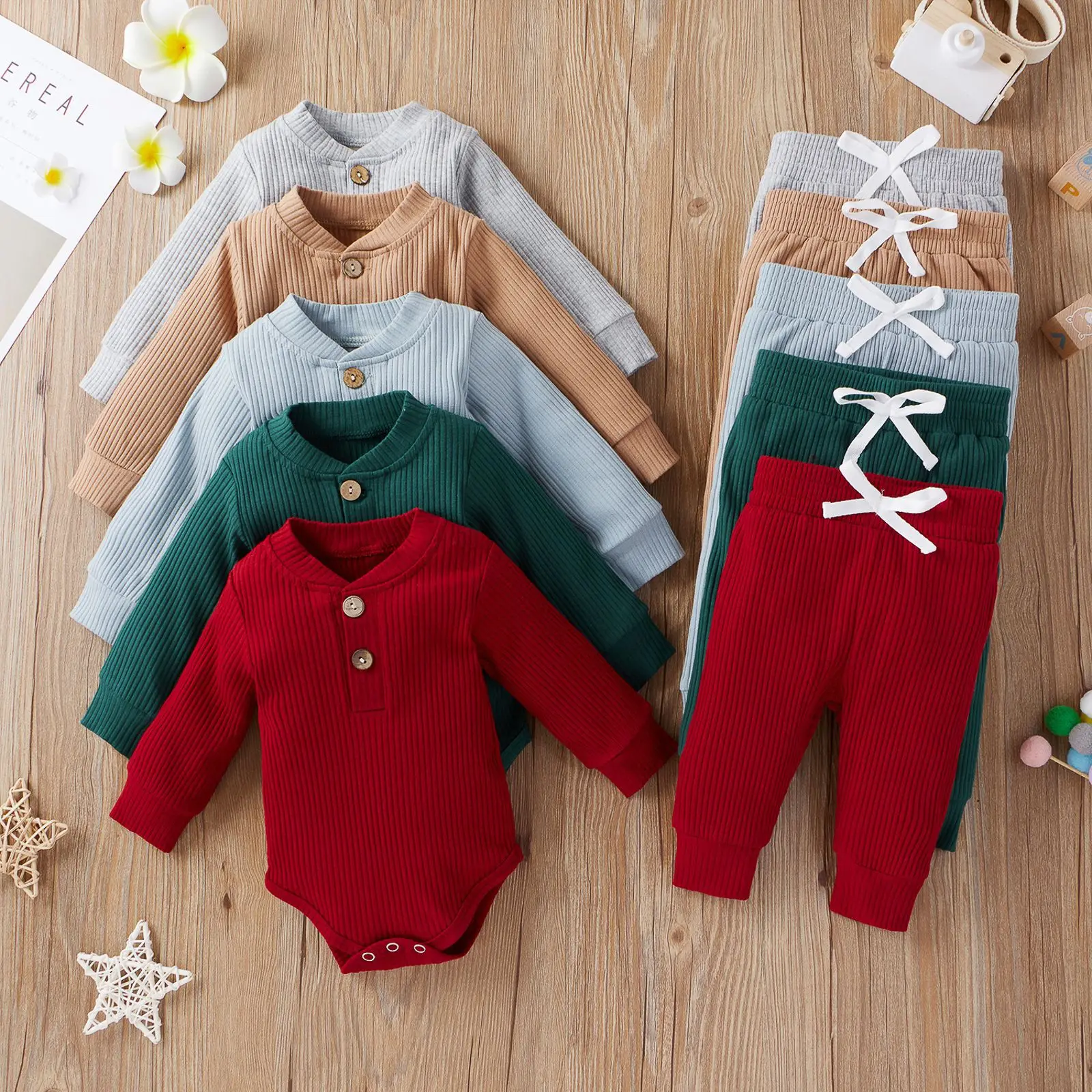 

Spring Autumn Newborn Girls 2PCS Suit Solid Color Vertical Stripes Toddler Boys Rompers+elastic Waist Kids Baby Boy Pant Outfit