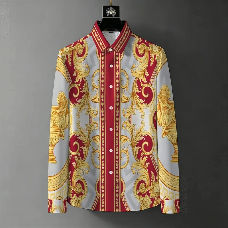 2026 Spring/Autumn New Men's Baroque Style Long-Sleeved Shirt, Luxury Gold Lion Print, 21 Colors, Business Retro Casual Top