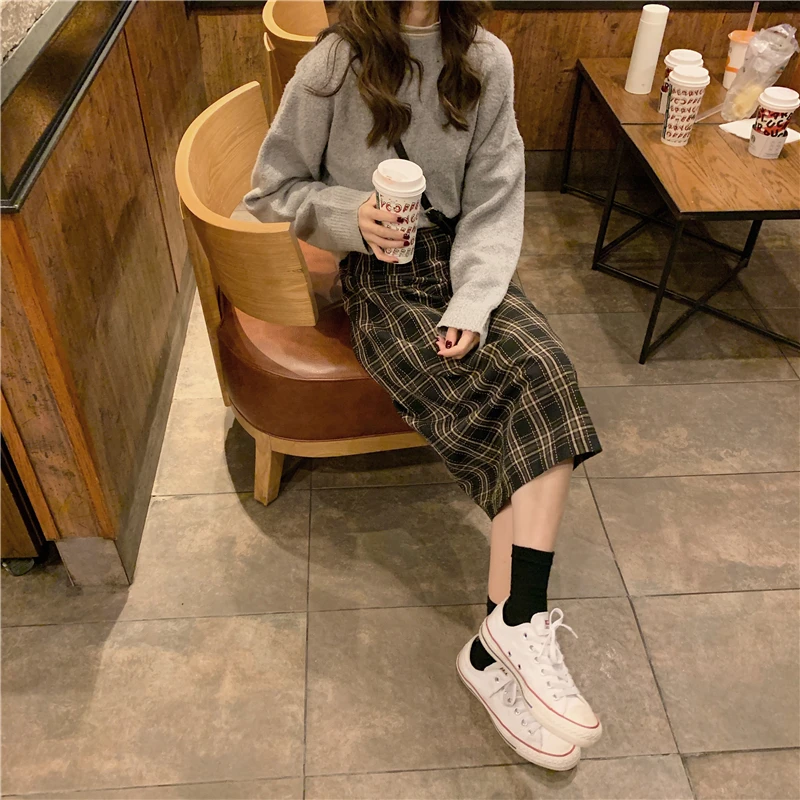 Women High Waist Dark Brown Split Slim Korean Woolen Skirts Elastic Plaid Print Summer Vintage Female Midi Long Skirt Streetwear