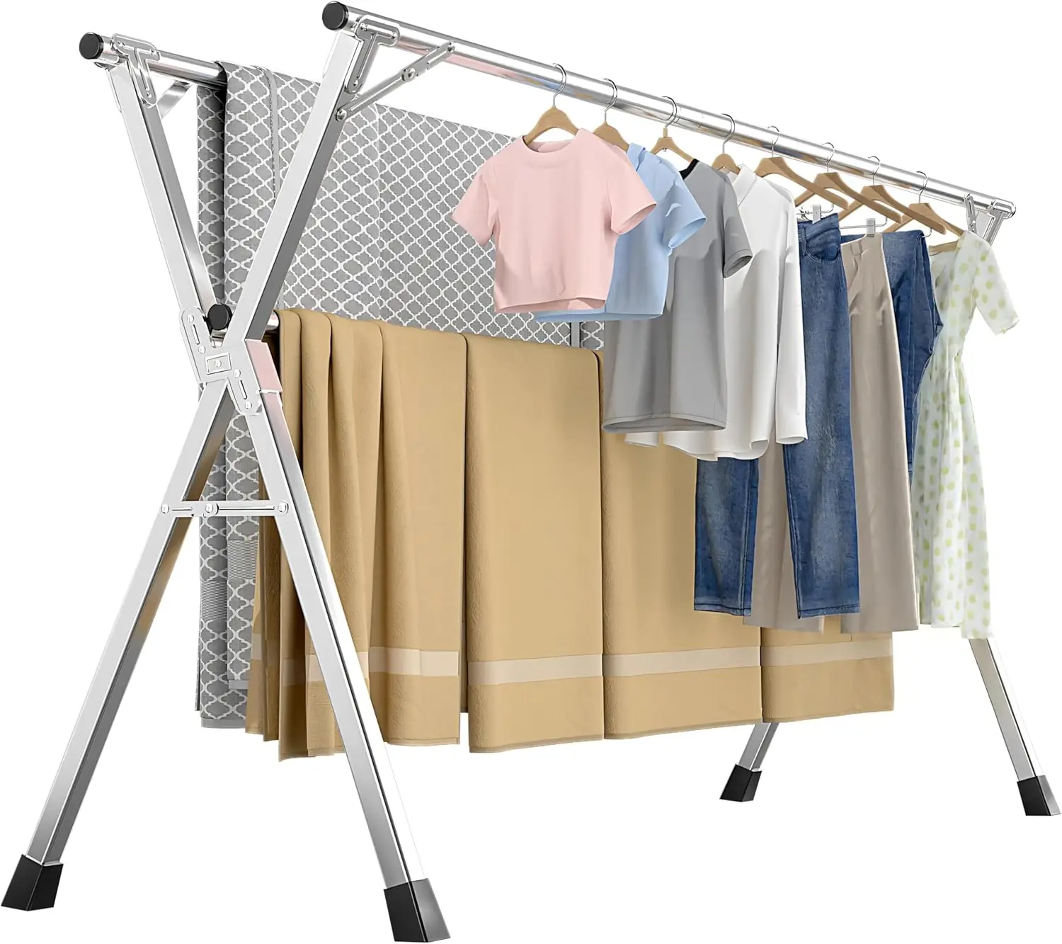 

63'' Heavy-Duty Stainless Steel Folding Clothes Drying Rack with 20 Windproof Hooks, Indoor Outdoor Use