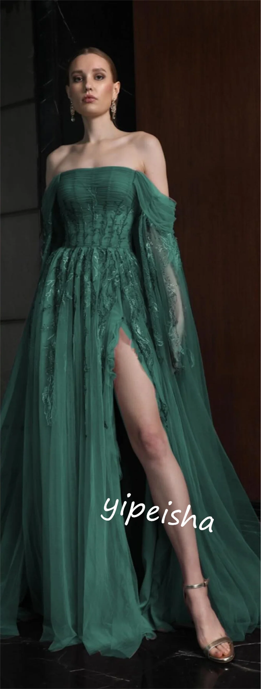 Tulle Sequined Engagement A-line Off-the-shoulder Bespoke Occasion Gown Long Dresses