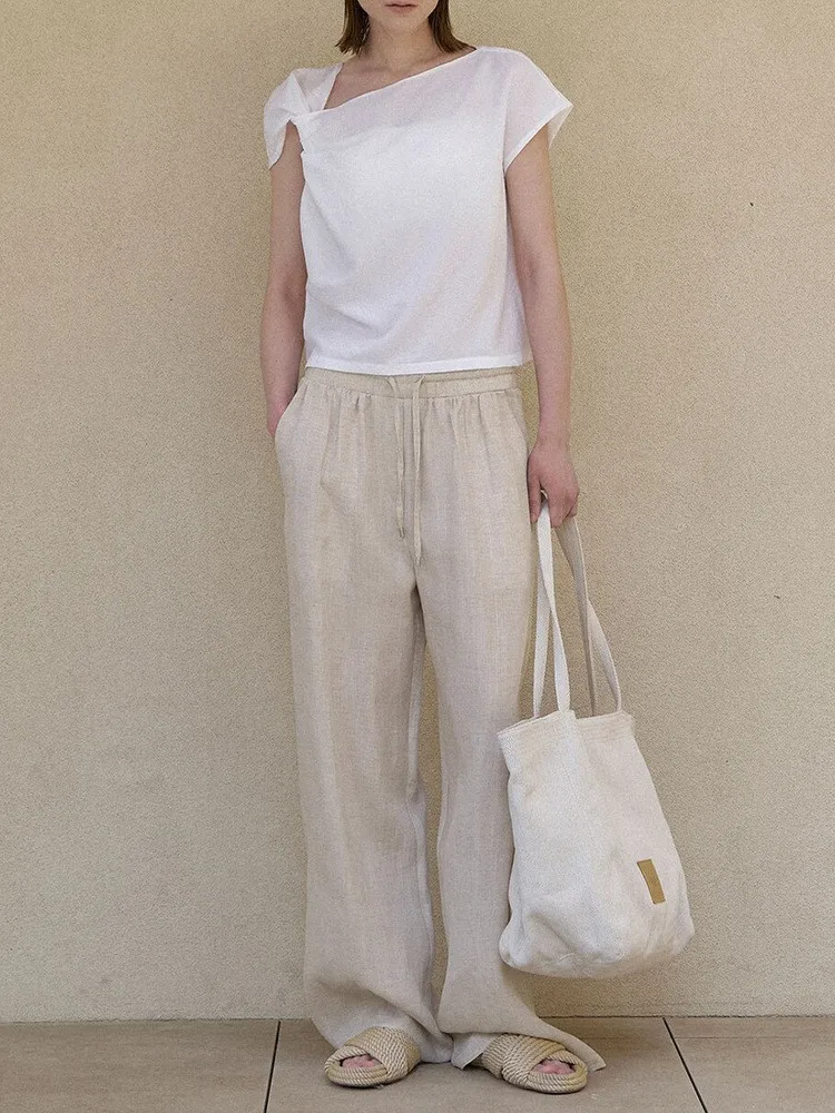 Summer Women's Casual Pleated Trousers Beige Drawstring Waist Linen Pants Loose Fit Solid Color Straight Leg Pants