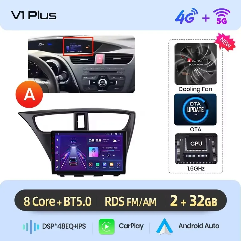 Junsun draadloze CarPlay Android Auto autoradio voor Honda Civic Mk9 (FK/FB) 2011-2017 met ingebouwde koelventilator, Android GPS navigatie, multimediaspeler, WiFi, DSP, RDS, BT, SWC, IPS touchscreen,