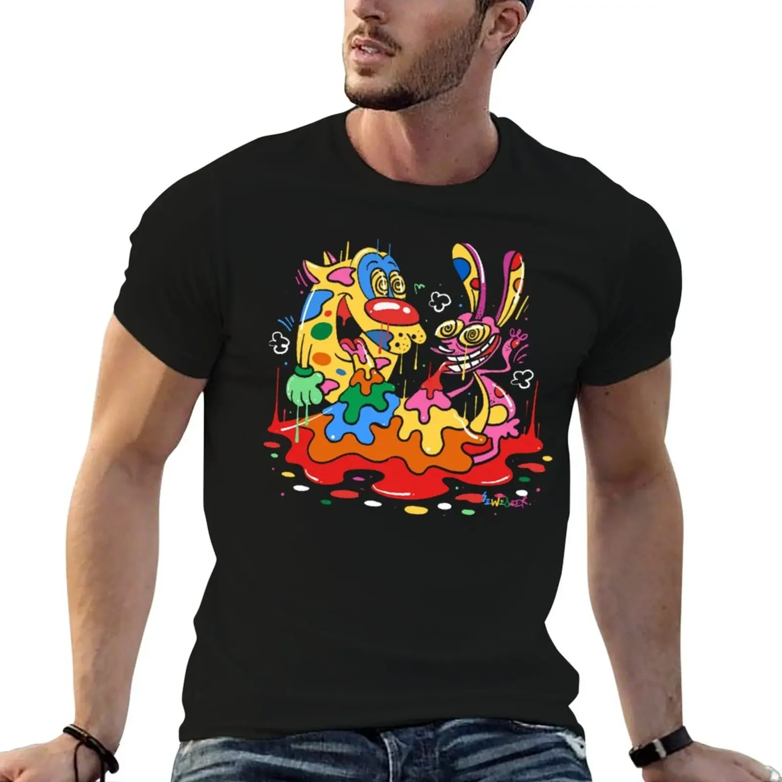 

Rainbow Ren and Stimpy T-Shirt shirts graphic tee anime summer tops cotton man t-shirts mens big and tall t shirts