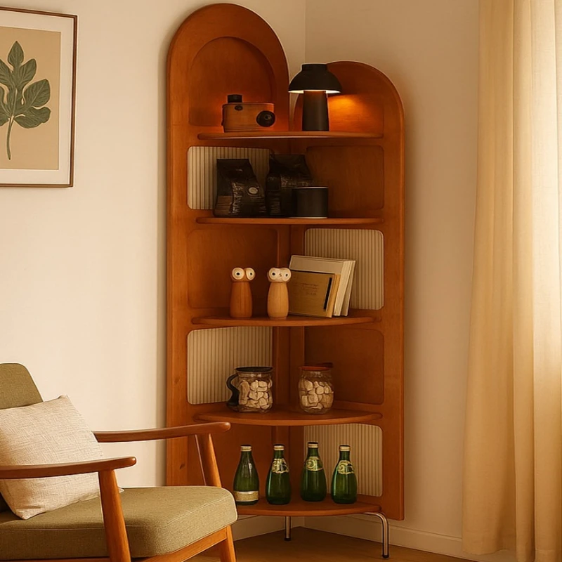 

French retro bookshelf solid wood wall corner multi-layer glass storage shelves multi-functional libreria living room furniture