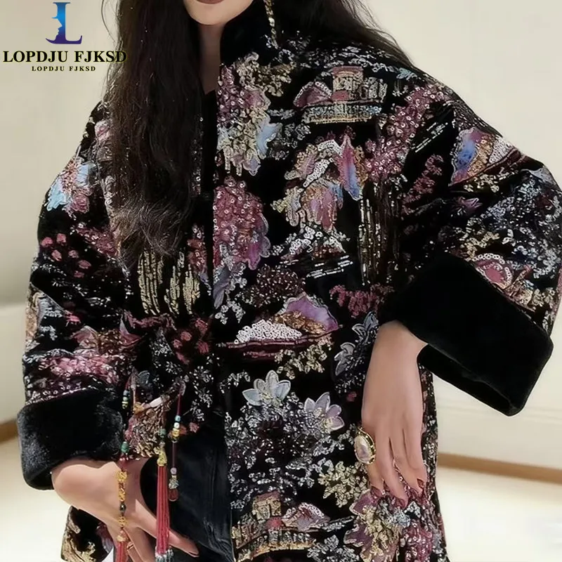 Faux Fur Coats for Women,Open Stitch Jacket,Thicken Warm Female Clothes,Luxury,Stand Collar,Embroidery,Sequins,New, Winter,2026
