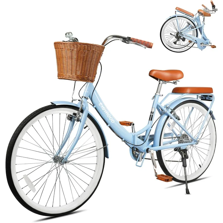 Bicicleta dobrável de praia cruiser de 26 polegadas para mulheres com engrenagens de 7 velocidades, cesta integrada e rack traseiro projetada para uma cidade confortável C
