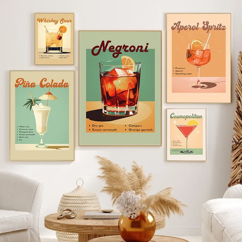 Retro Cocktail Art Print Poster Martini Negroni Aperol Spritz Drink Wall Art Picture Vintage Canvas Painting Bar Club Cafe Decor