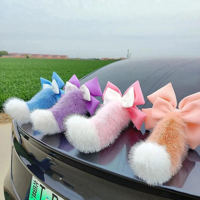 Fluffy Plush Car Tail Decoration Cute Bow Soft Touch Multiple Colors Car Exterior Styling Auto Accessories For Girls