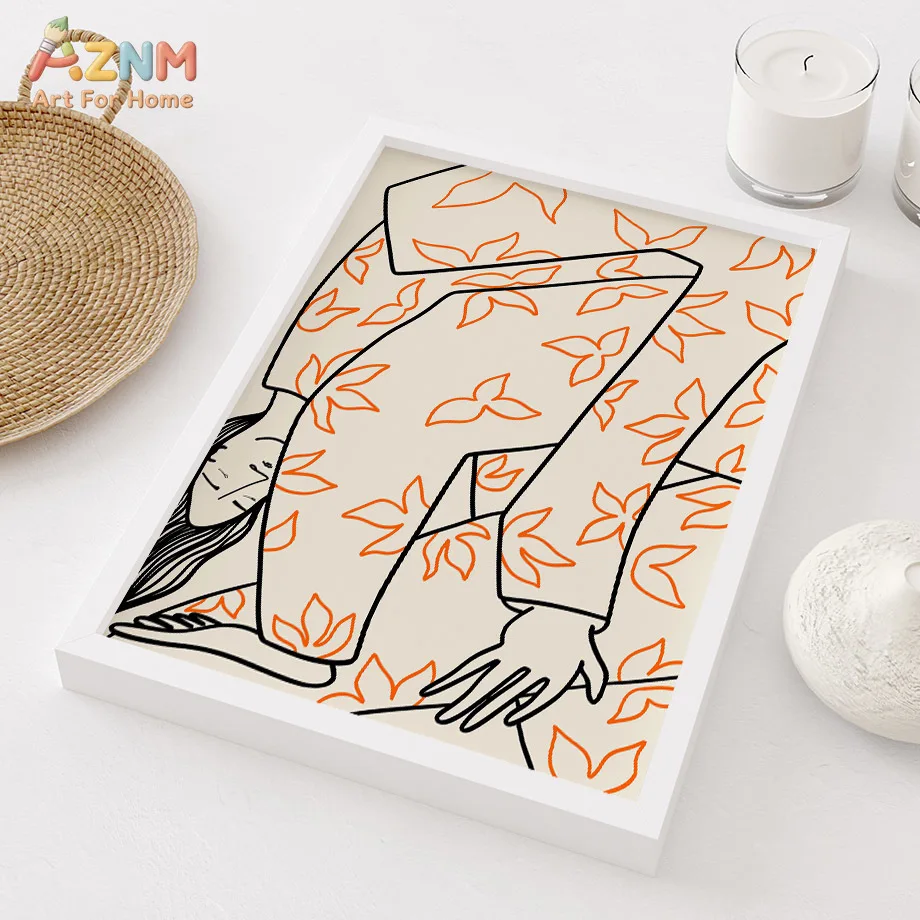 AZNM Abstract Striped Human Figure Canvas Wall Art Minimalist Color Block Line Portrait Print Unframed Canvas Painting For Moder