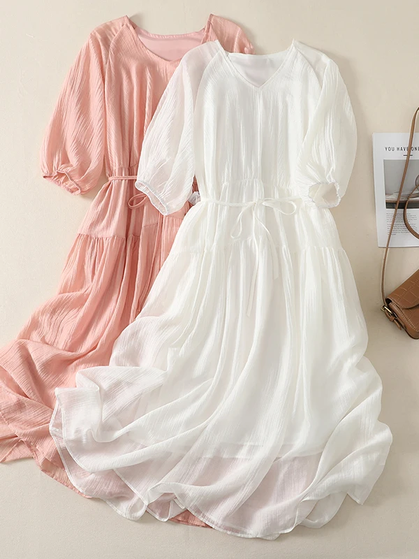 

Summer plus Size Women's Dress Maxi Skirt Pure Color Design Slimming High Waist A-Line Gown Artistic Style Five-Quarter Sleeve