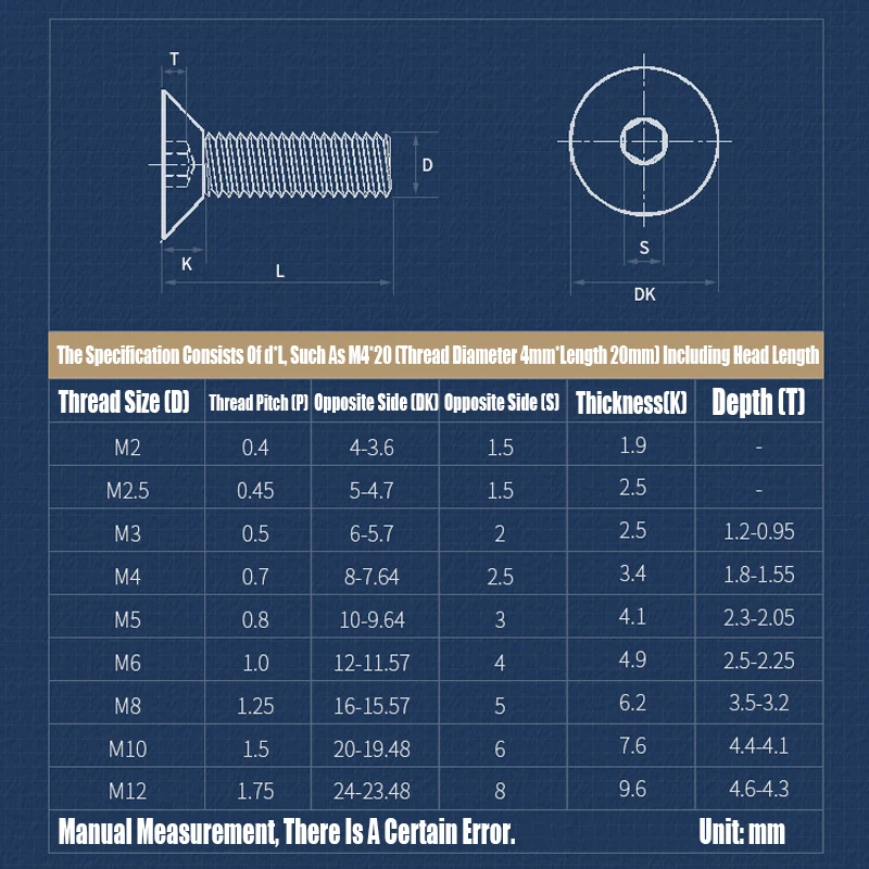 1-20PCS Allen Key Head M3 M4 M5 M6 M8 M10 M12 316 Stainless Steel Hex Socket Flat Countersunk Head Screw Bolt Fastener