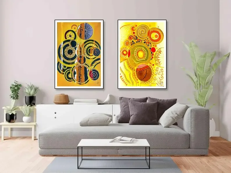 Contemporary Art Canvas Yellow Red And Blue Art Print Set Of 2 Modern Colorful