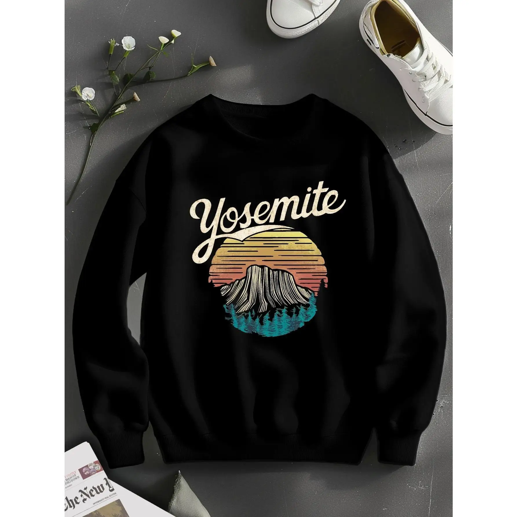 

Yosemite National Park Sweatshirt Unisex Retro Sunset Mountain Graphic Pullover Outdoor Adventure Travel Cotton Top Gift
