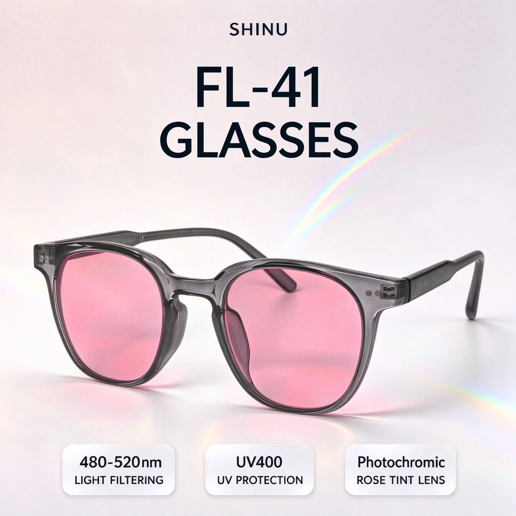 SHINU Photochromic FL-41 Rose Glasses Migraine Light Sensitivity 480-520nm Blue Green Light Filter Eyewear Eye Strain Relief