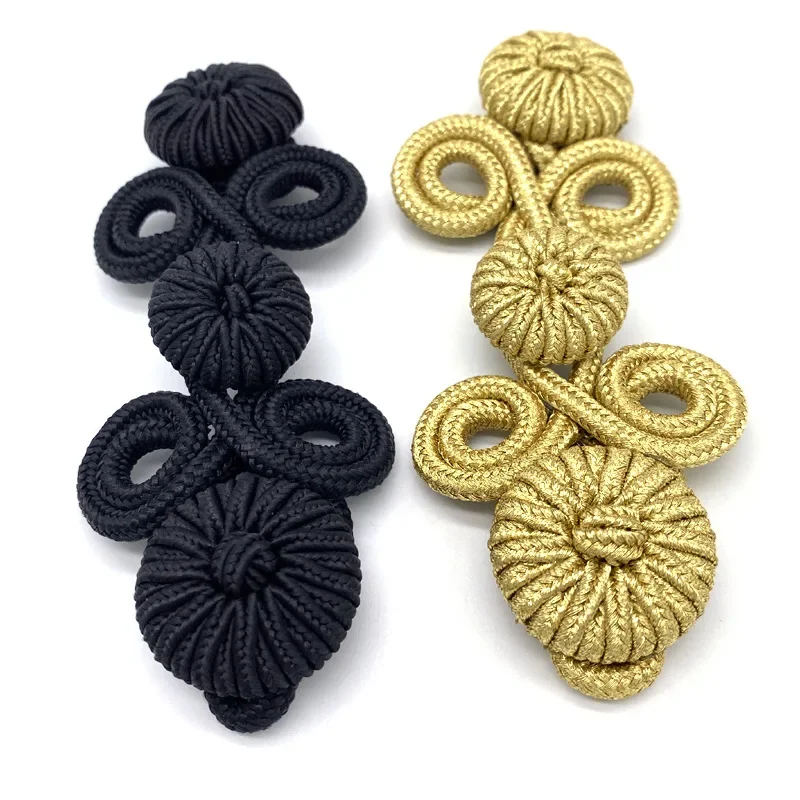 Chinese Frog Closure Knot Button Fastener for Cheongsam, Tang Suit Decoration, DIY Sewing Button, Gold and Black, 1 Pair