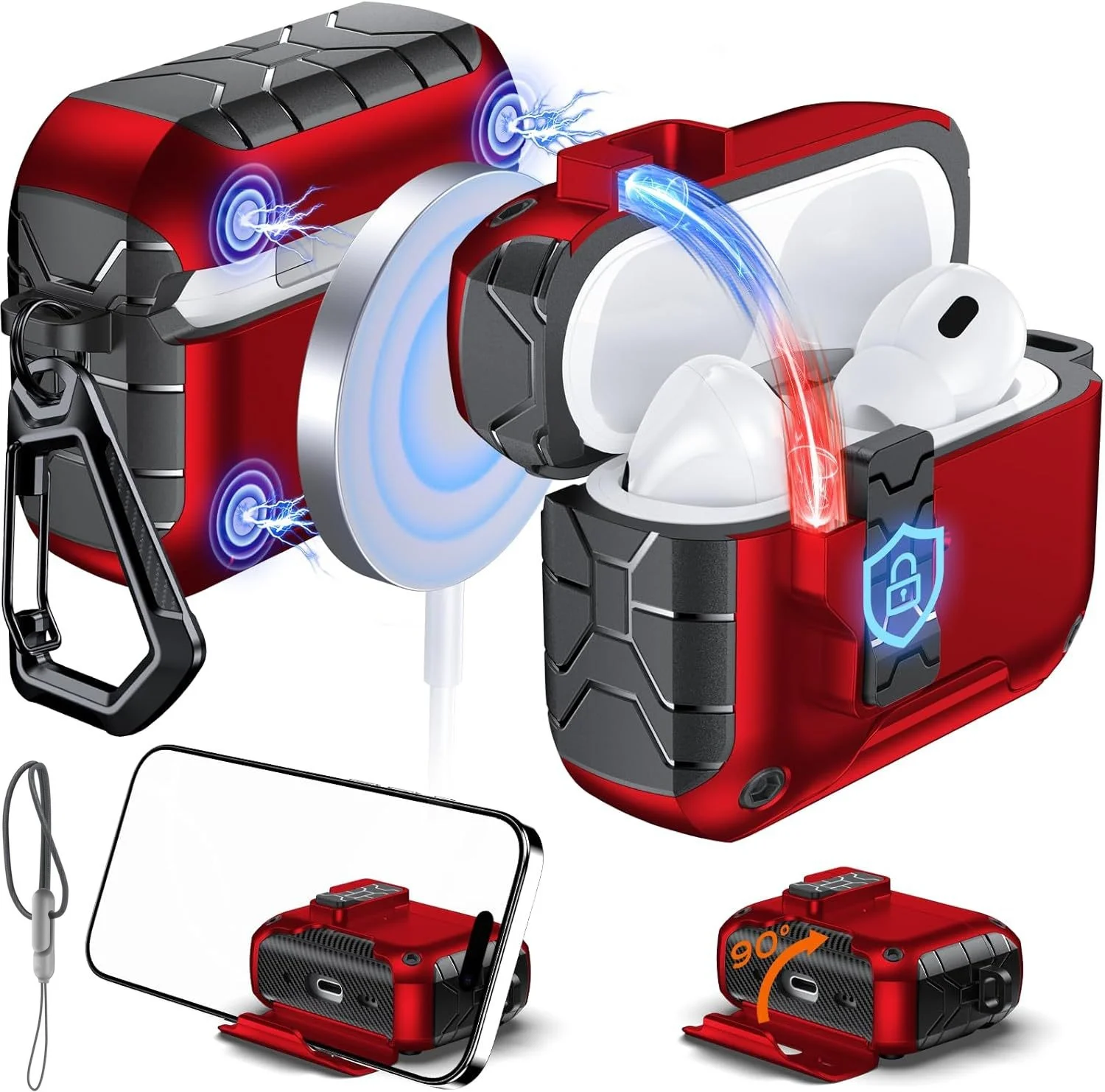 حافظة لهاتف AirPods 4، غطاء حماية مقاوم للسقوط بالكامل، جراب جديد مع تصميم حامل هاتف لأجهزة AirPods Pro الجيل الثاني - أحمر