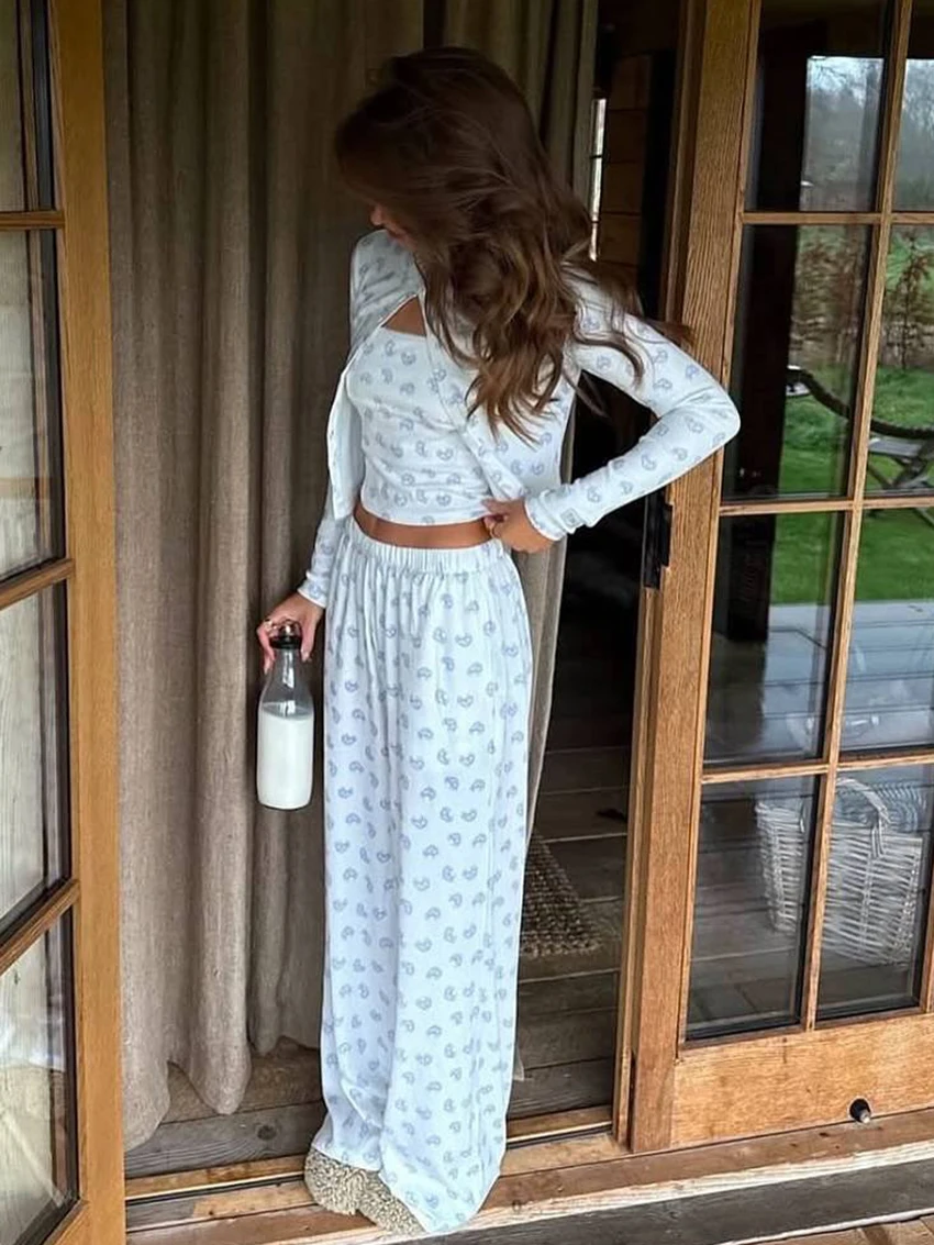Marthaqiqi Printing Ladies Pajamas 3 Piece Set O-Neck Sleepwear Tank Tops Nightie Long Sleeve Nightie Pants Casual Home Clothes