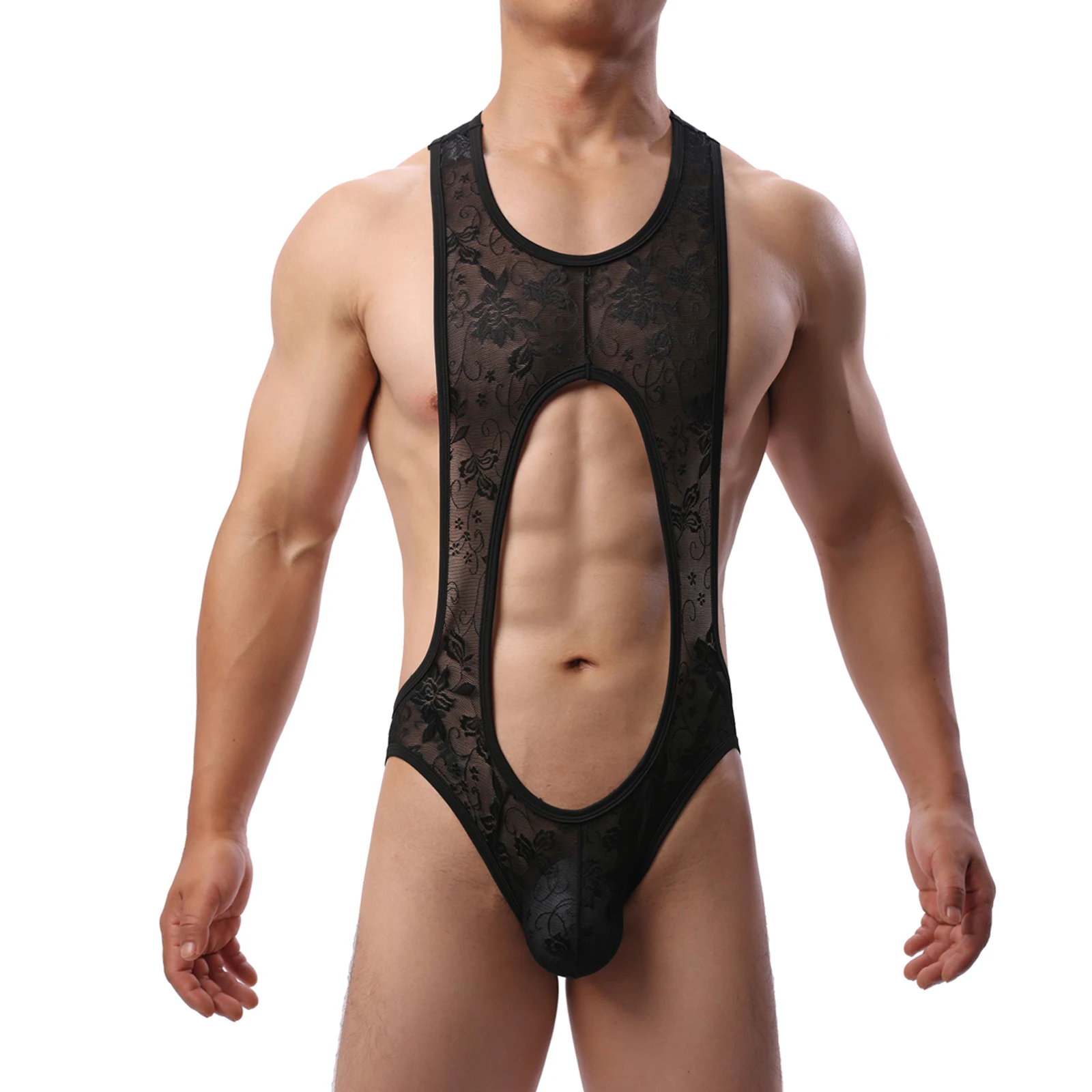 CLEVER-MENMODE Men Sheer Lace Bodysuit Penis Pouch Sexy Jockstrap Open Butt Leotard Crossdress Nightwear One-piece Underwear