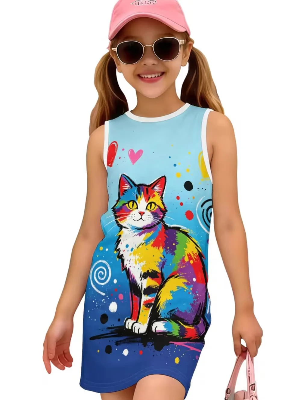 Girls Dress Colorful Graffiti Cat 3D Print Sleeveless Tank Dress Summer Fashion Loose A-Line Beach Holiday Casual Girls Outfits