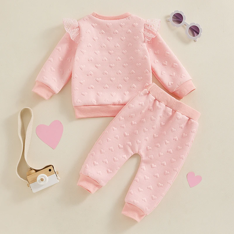 

Toddler Baby Girl Valentines Day Outfit Ruffle Long Sleeve Heart Sweatshirt Bowknot Pants Set Infant 2Pcs Clothes