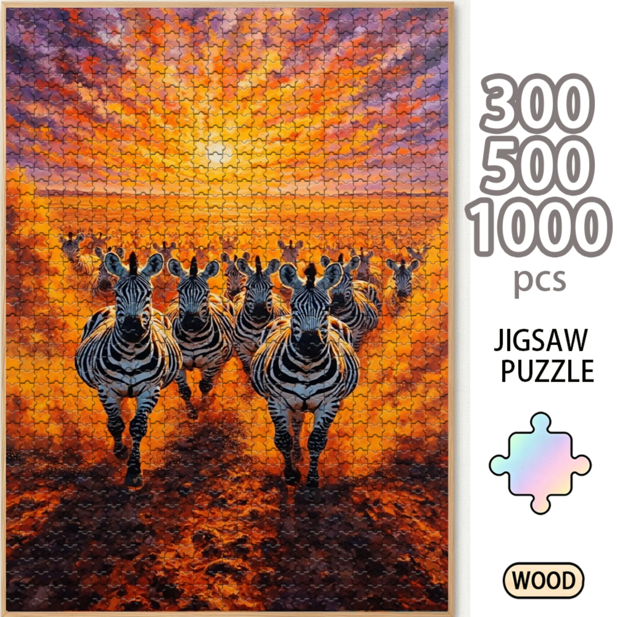 Running Zebra Herd 300/500/1000 Piece Wooden Jigsaw Puzzle for Adults, Wood Puzzle Game, Brain Teaser Family Board Game, Home Entertainment Gift