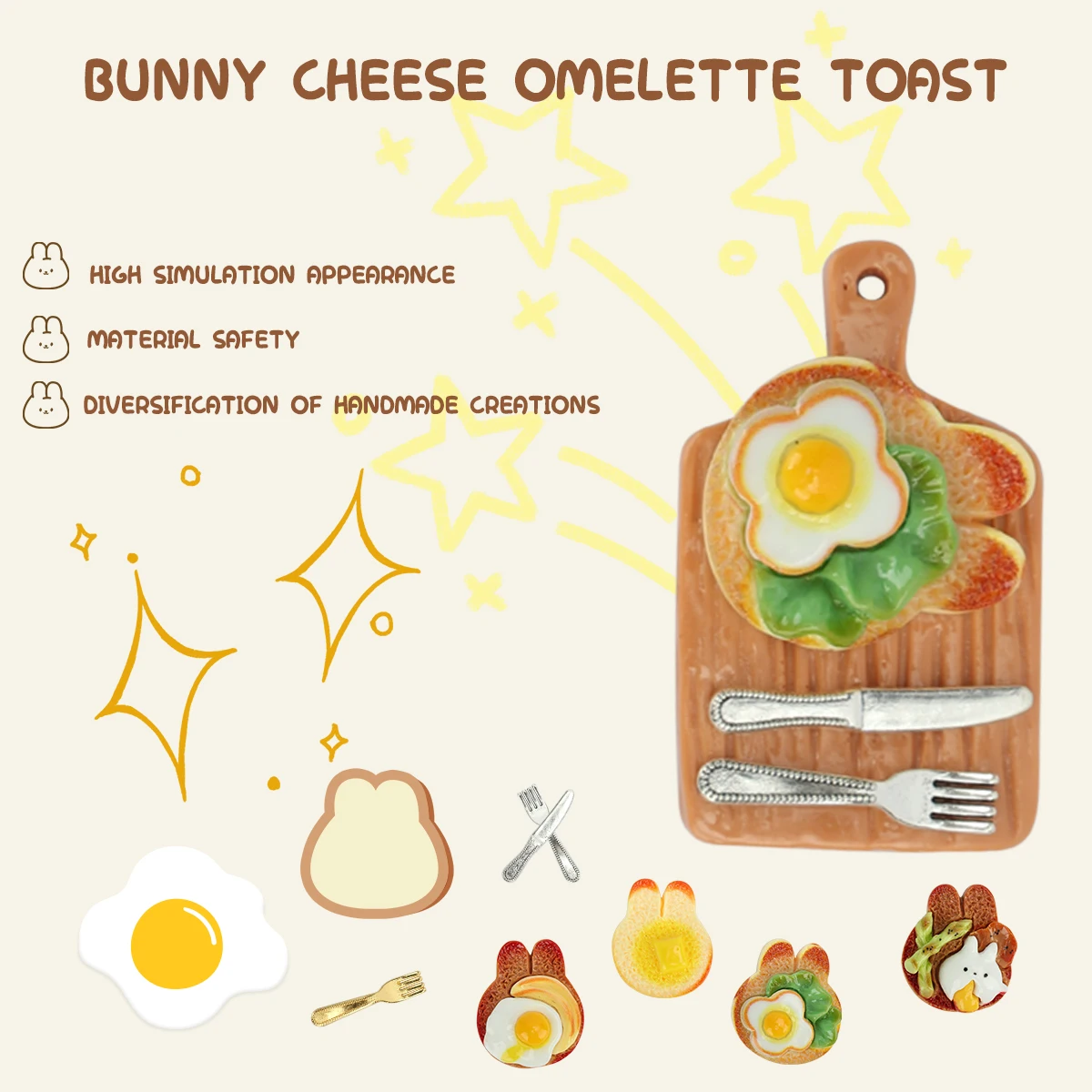 16pcs Simulation Food Play Rabbit Cheese Fried Egg Toast Tray Mini Knife And Fork Set Miniature Scene Doll House Decoration