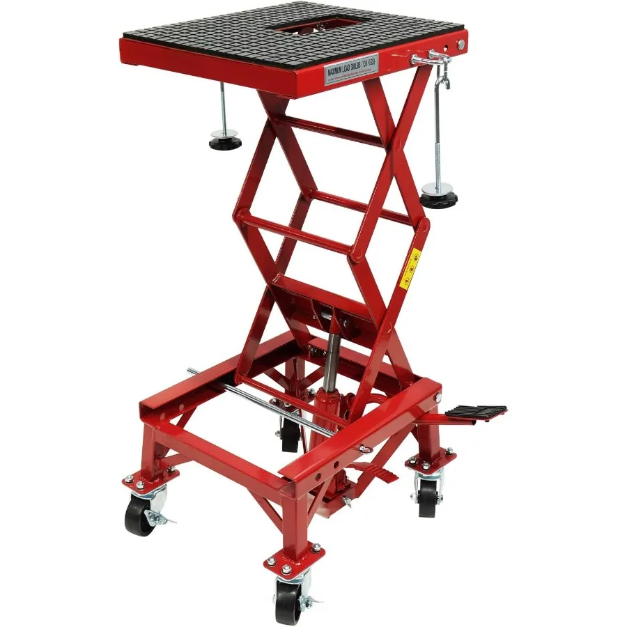

Heavy Duty Hydraulic Motorcycle Lift Table for 300 Lb Capacity with Wide Deck and JHooks 4Wheel Mobility FootOperated Scissor J