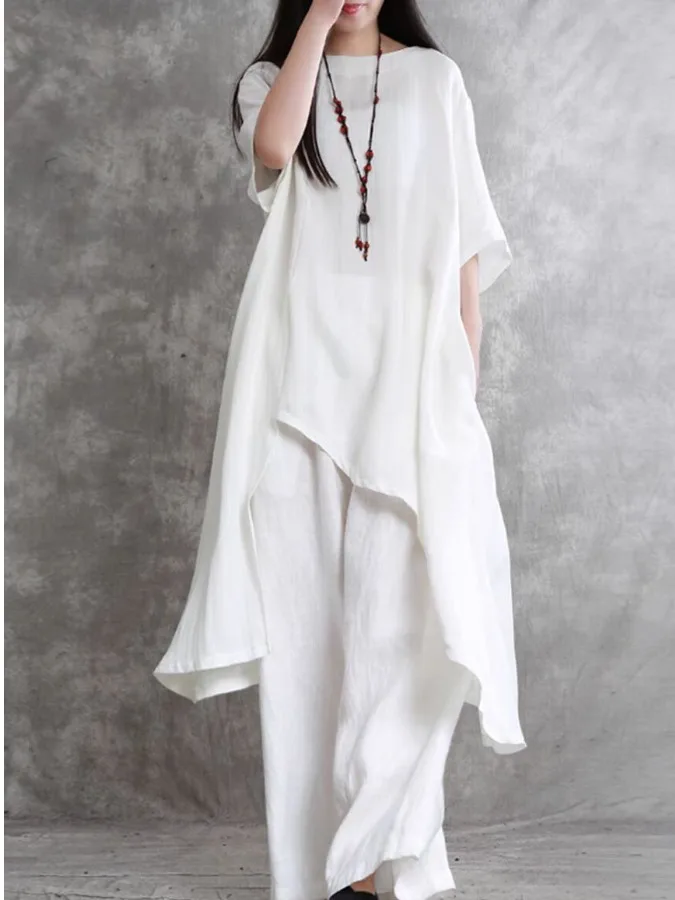 

plus Size Slimming Cotton Linen Long Uneven irt Wide Leg Pants Set Faionable Versatile Women's Clothing Summer Season