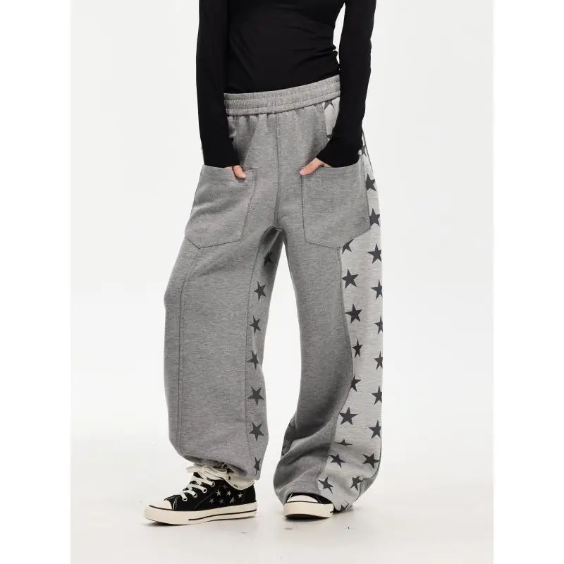 Men's Star Print Color Blocking Splicing Pants Wide Legs Sweatpants Boys Casual Bottom Male High Waist Unisex Retro Trousers