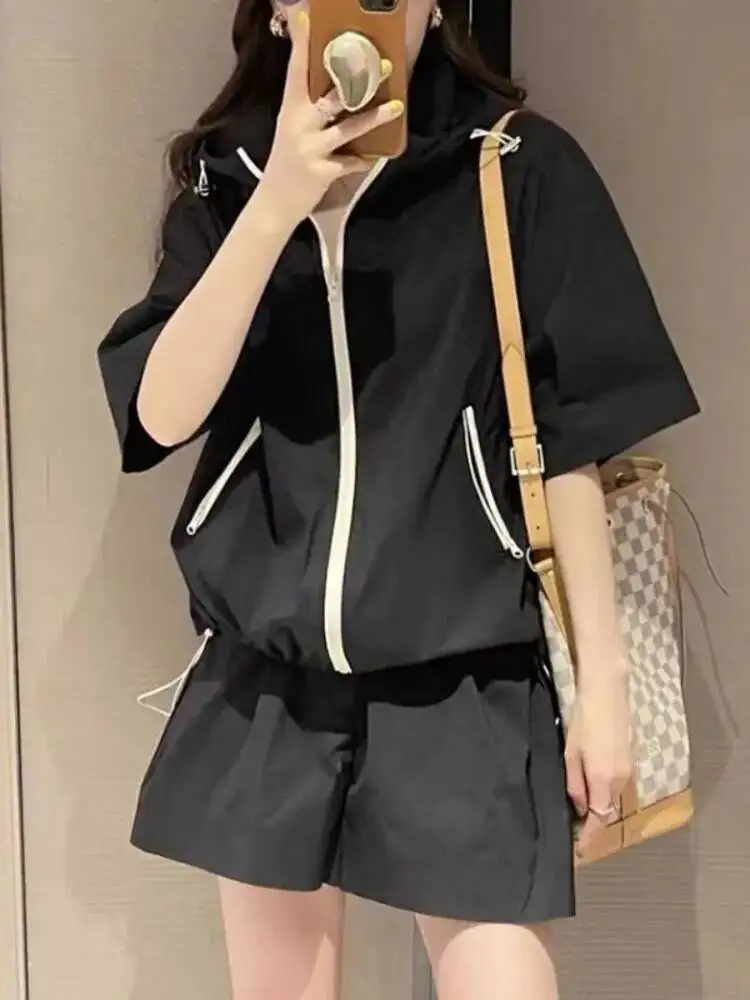 

Loose Women's Summer Two-Piece Set Lightweight Orts Sun Protection Clothing Casual Sportswear With Hood Fashion Sweet LM9C