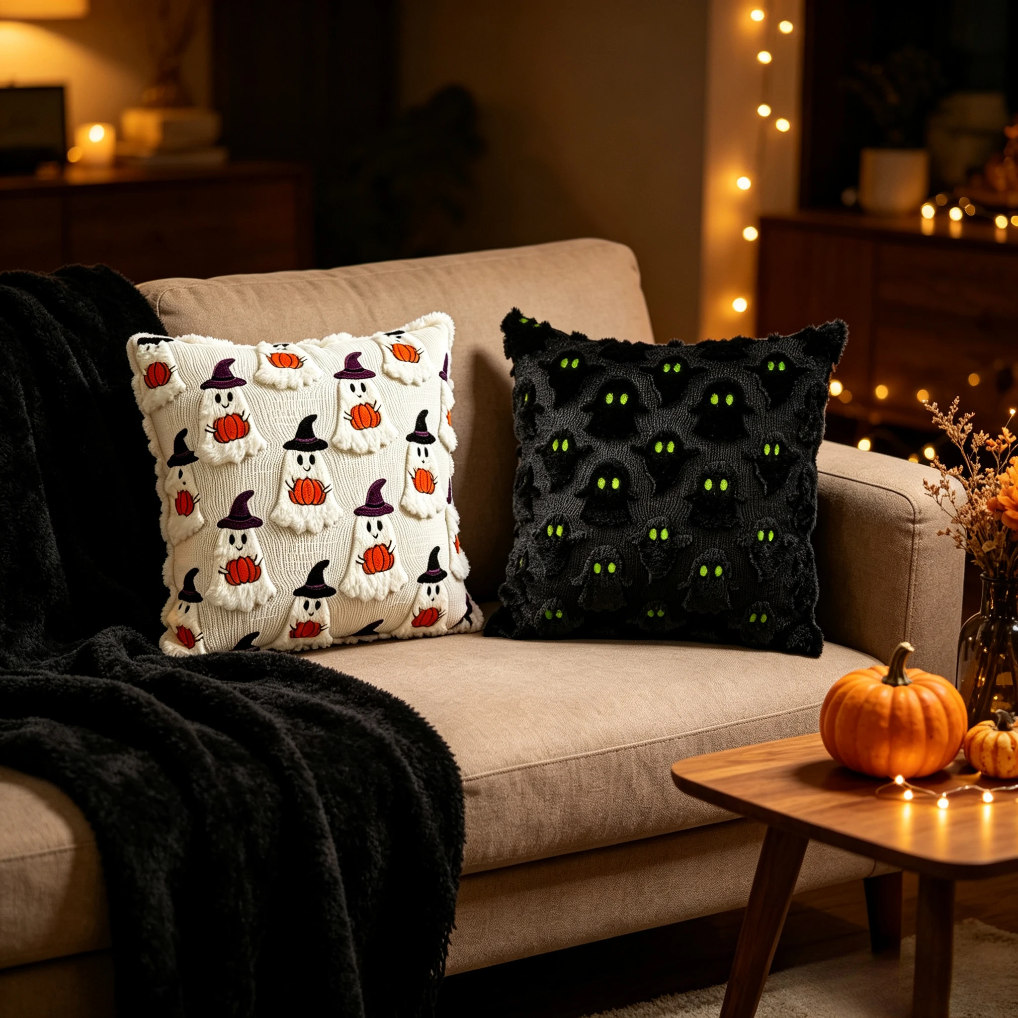 2 Pack Halloween Decorations Pillow Covers with Invisible Zipper 17.5X17.5 Inch Soft 3D Ghost Throw Pillow Covers