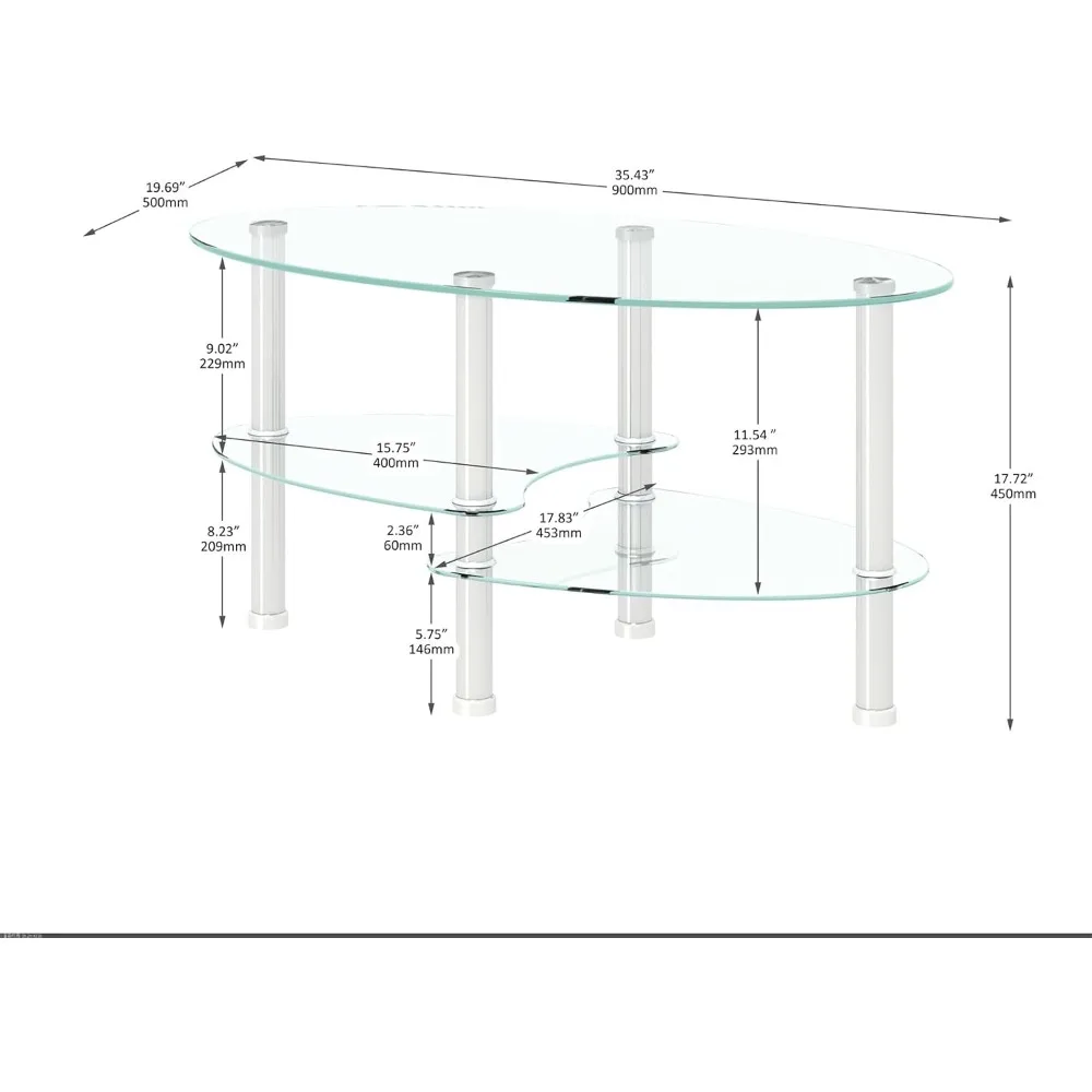 Oval Glass Coffee Table Glass Tabletop Cocktail Table with Silver Wood Legs, 3 Tier Storage Shelf Modern Tea Coffee Table Side