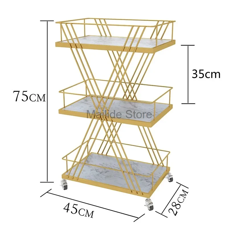 Carros de salón de arte del hierro, estante dorado ligero de lujo, muebles de salón modernos, carrito de salón de belleza con ruedas, estante multicapa para el hogar