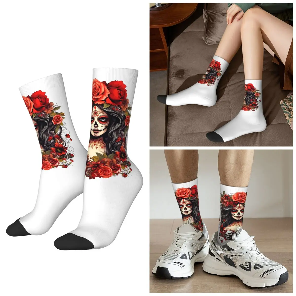 

Всесезонные мексиканские носки Catrina Girl Day Of The Dead с сахарным черепом, спортивные носки в стиле Харадзюку, средние носки-трубы, чулки для мужчин и женщин