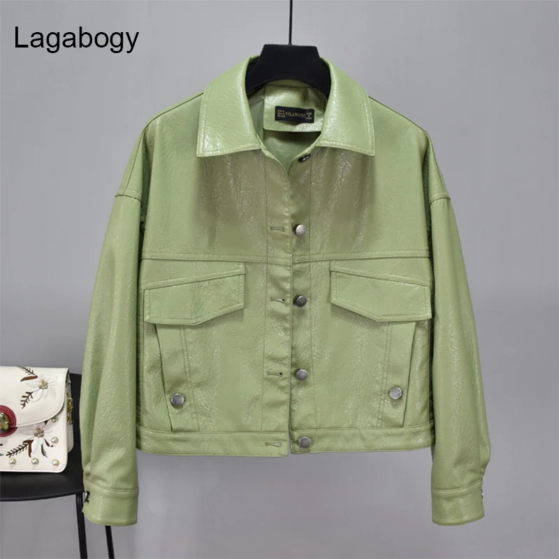 

Batwing Lagabogy Women Autumn Jacket Faux Leather Sleeve Female Short Coat Single Breasted Pu Motorcycle Biker Loose Outerwear