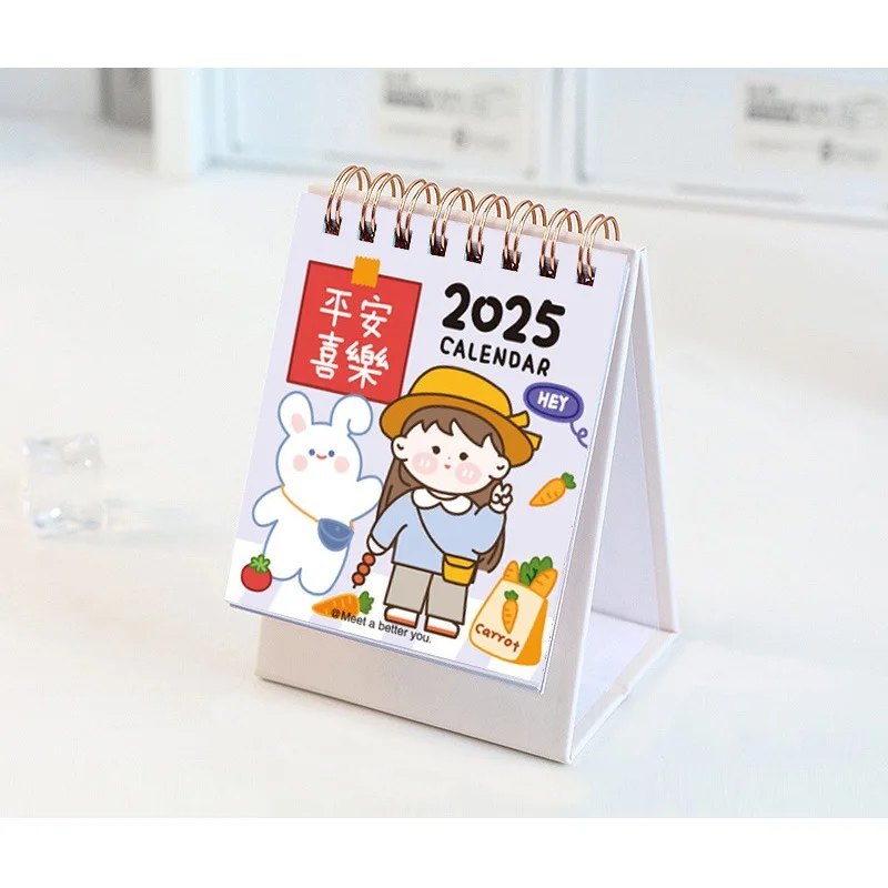 Mini-Cartoon-Kalender 2025, Kawaii-Tischkalender, stehend, Flip-Desktop-Kalender, kleiner Planer, Adventskalender