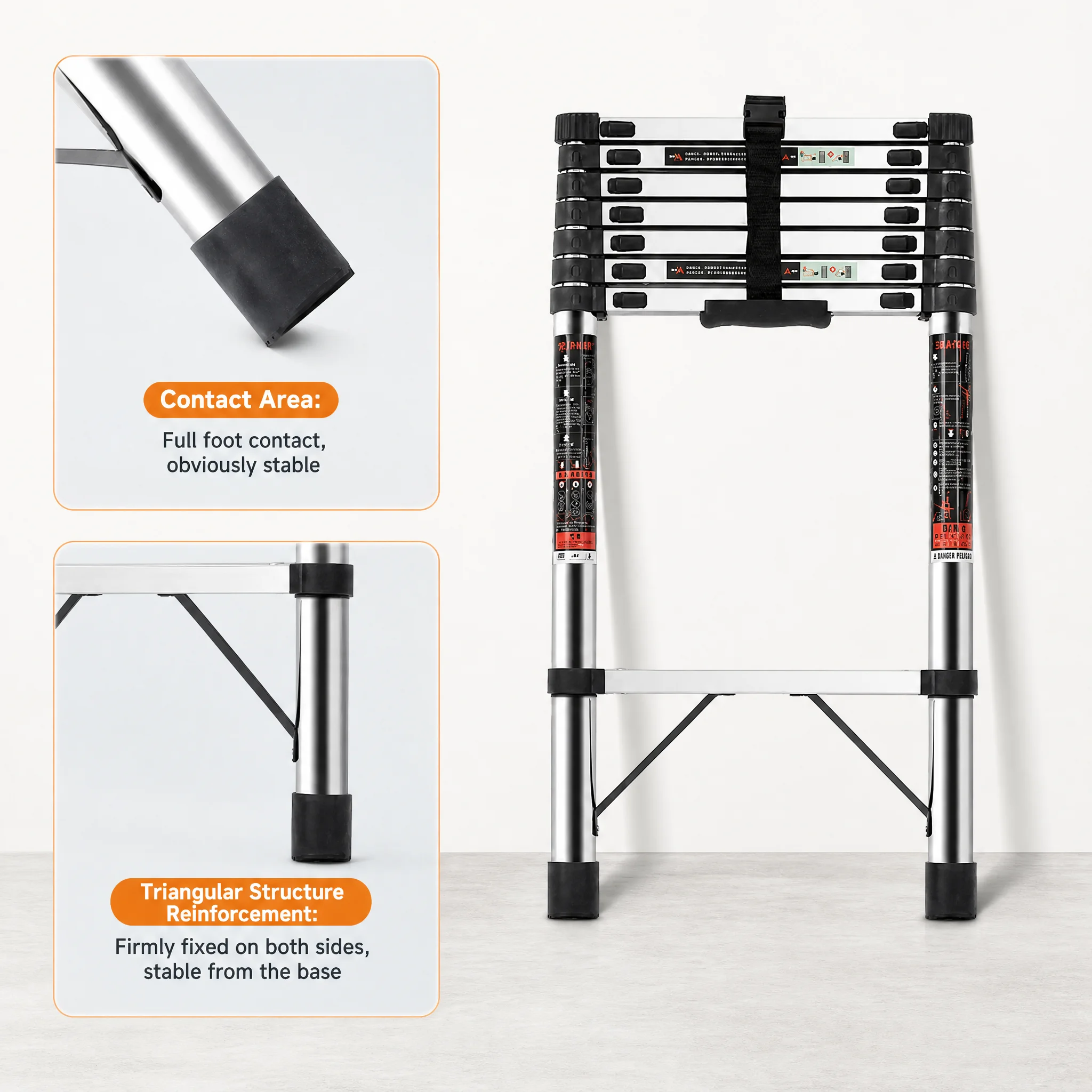 Heavy Strength Stainless Steel Telescopic Ladder Adjustable Height Anti-Slip Portable Straight Single Ladder Factory Direct