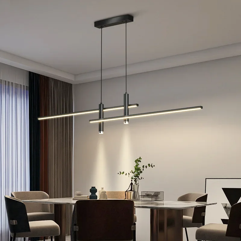 

Dining room chandelier simple modern minimalist lines Nordic Dining table light creative bar counter long strip designer lamps