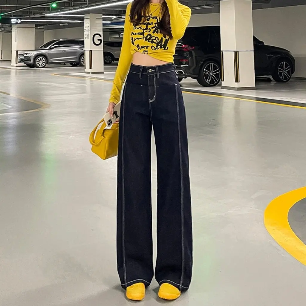 กางเกงยีนส์ขากว้างสีเข้มสำหรับผู้หญิง เอวสูง ทรงหลวม ใส่ได้หลากหลาย สไตล์ลำลอง สำหรับแฟชั่นฤดูใบไม้ร่วงและฤดูหนาว