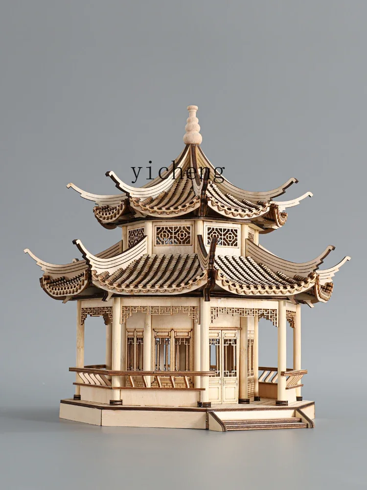 XL new Chinese Zen ancient building octagonal pavilion decoration, living room entrance soft decoration ornament