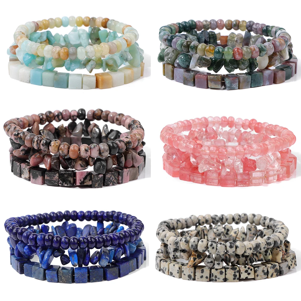 Bracelets en perles saillantes pour hommes et femmes, pierre naturelle, puce plate, perles carrées, bijoux de guérison Reiki, ensemble de 3 pièces