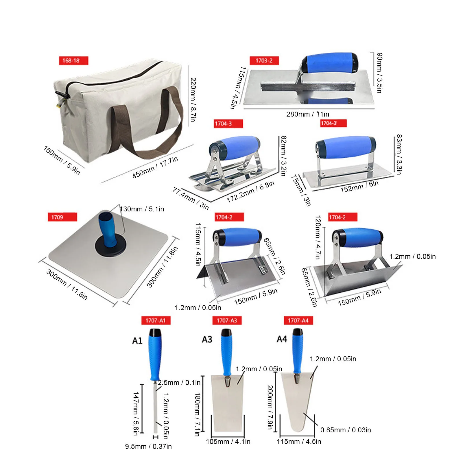 Concrete Trowel Set Inside Outside Corner Hand Trowels Bricklaying Plastering Tools with Pan and Portable Storage Bag